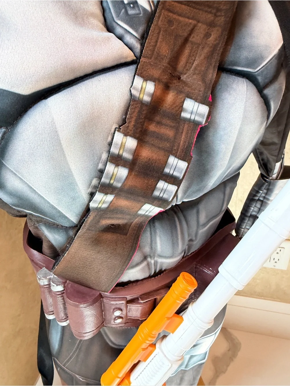 Star Wars Mandalorian Costume with Orange and White Toy Gaffi Pike